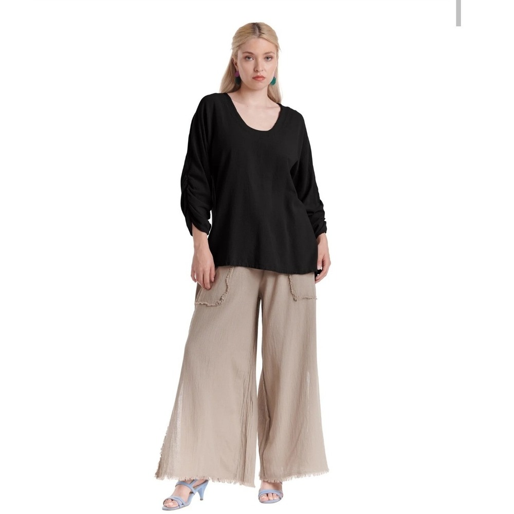 Oh My Gauze Tunic Size 3 Cotton Black Ruched Sleeve Scoop Neck Lagenlook Boho